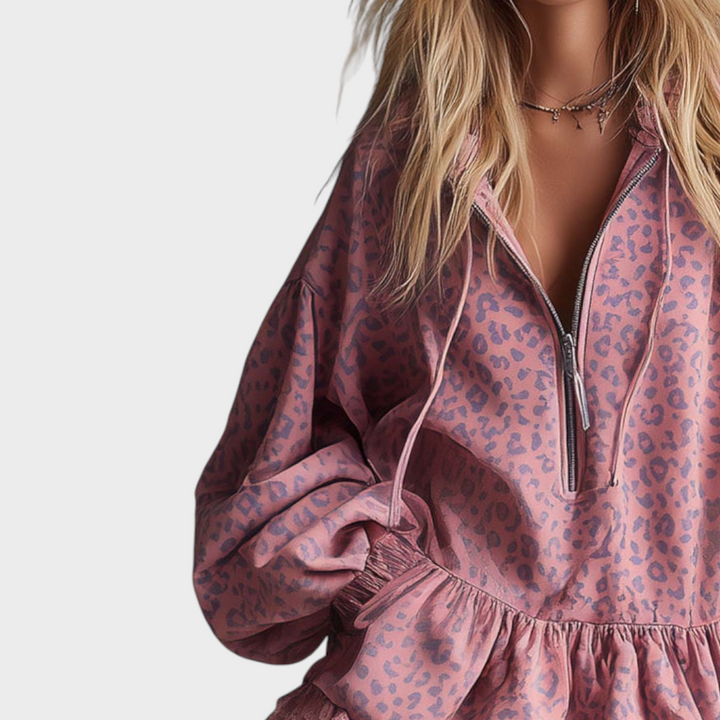 Emily & Isabella Brooks | Elegant Mini Dress with Hood, Front Zipper, and Satin in Pink Leopard Print