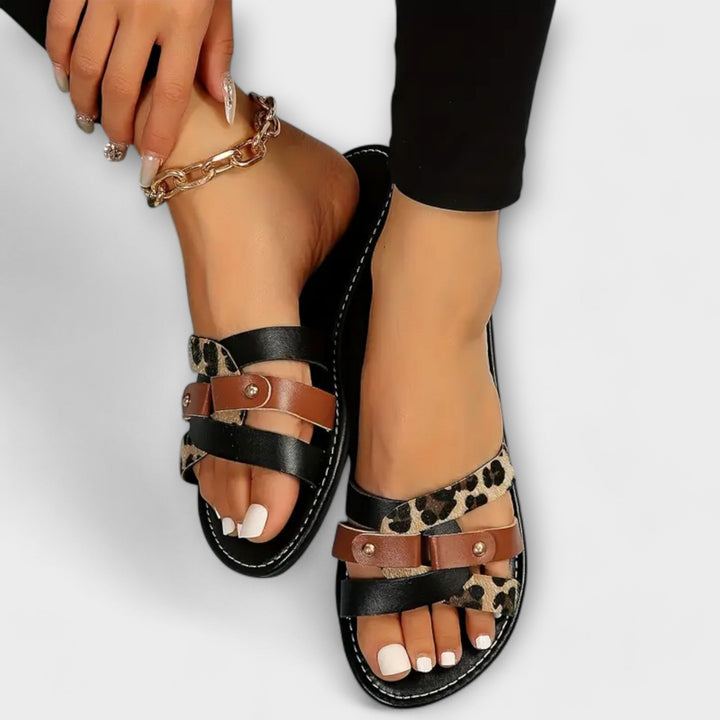 Emily & Isabella Brooks | Cross Strap Sandals in Leopard Pattern