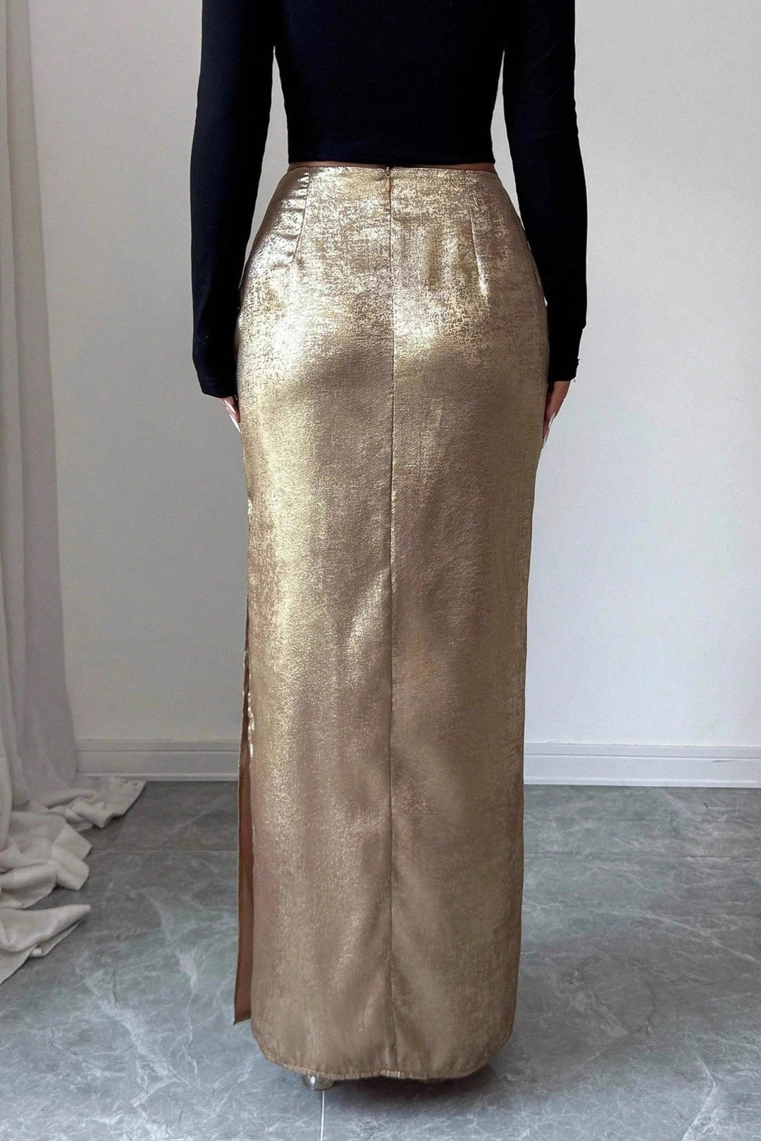 Emily & Isabella Brooks | Metallic Ruched Slit Bodycon Skirt