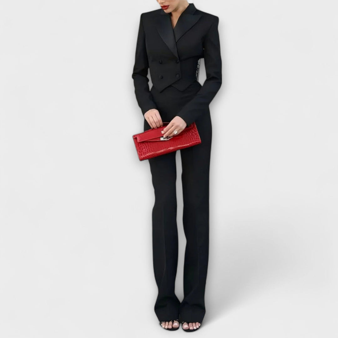 Emily & Isabella Brooks | Black Pearl-Embellished Backless Short Blazer Set