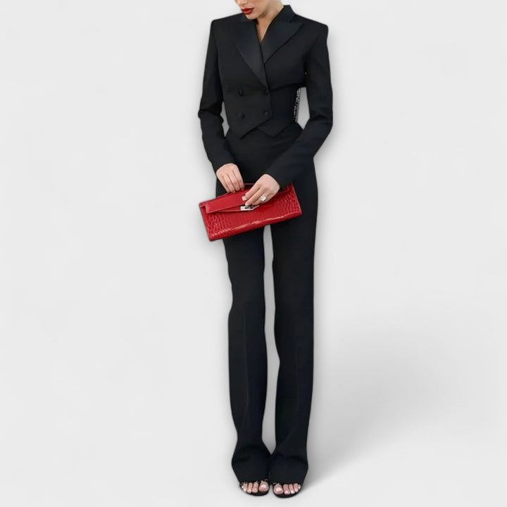 Emily & Isabella Brooks | Black Pearl-Embellished Backless Short Blazer Set