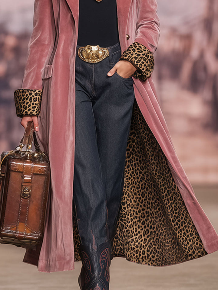Emily & Isabella Brooks | Velvet Single-Breasted Coat with Lapel and Leopard Print