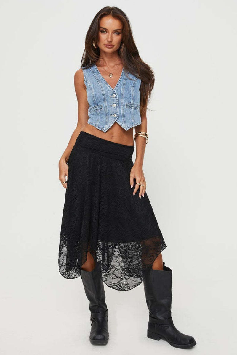 Emily & Isabella Brooks | Asymmetrical Hem Lace Detail Midi Skirt