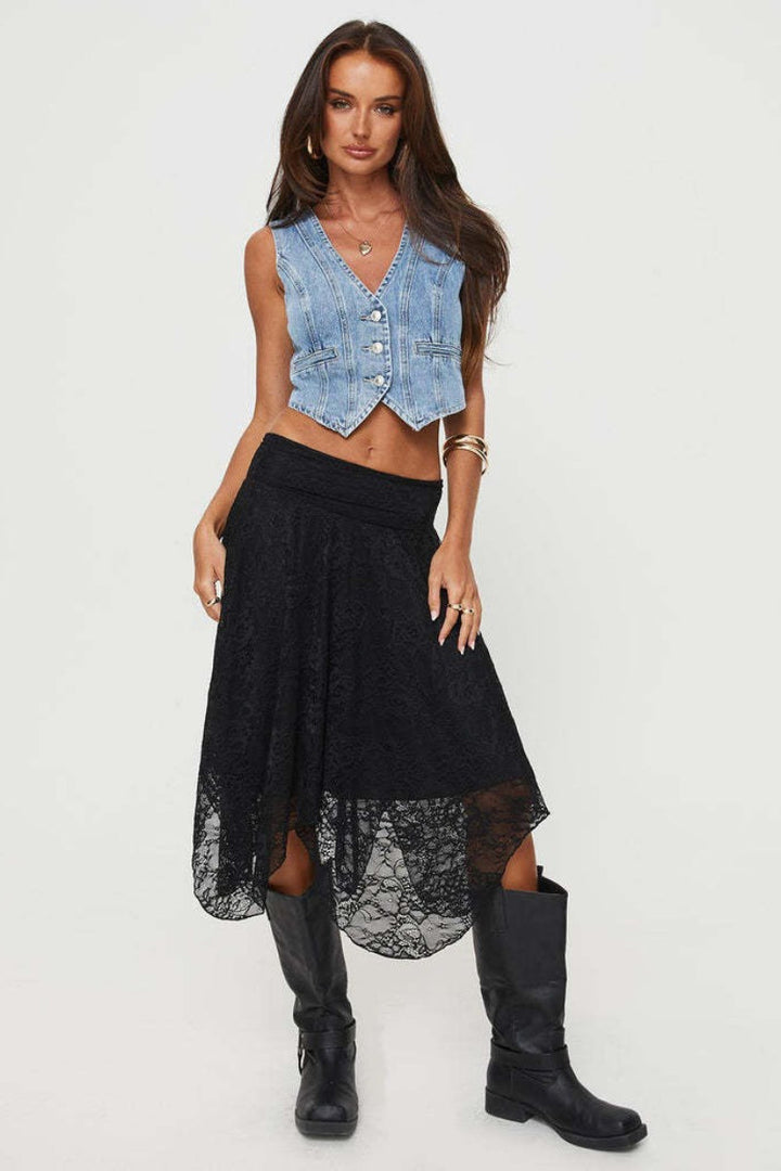 Emily & Isabella Brooks | Asymmetrical Hem Lace Detail Midi Skirt