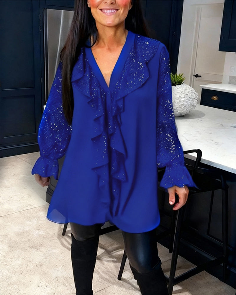 Emily & Isabella Brooks | Loose Solid Color Blouse with Ruffles