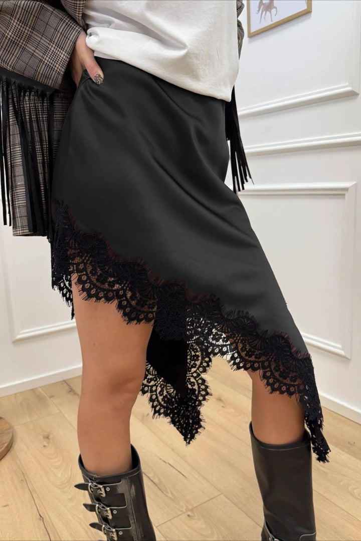 Emily & Isabella Brooks | Satin Lace Asymmetric Split Slim A-Line Mini Skirt