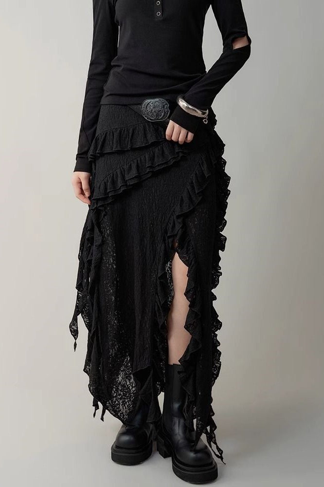 Emily & Isabella Brooks | Asymmetric Wool Blend Maxi Skirt in Black and White