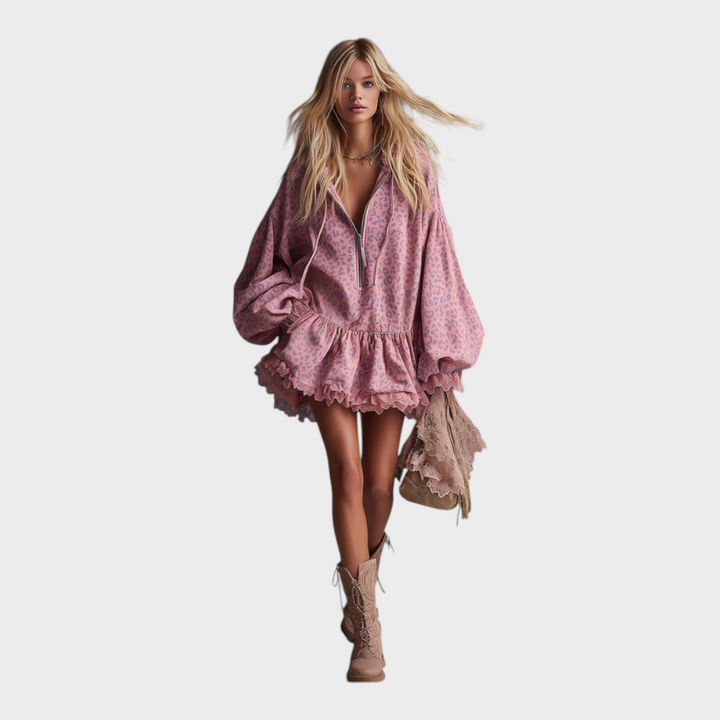 Emily & Isabella Brooks | Elegant Mini Dress with Hood, Front Zipper, and Satin in Pink Leopard Print