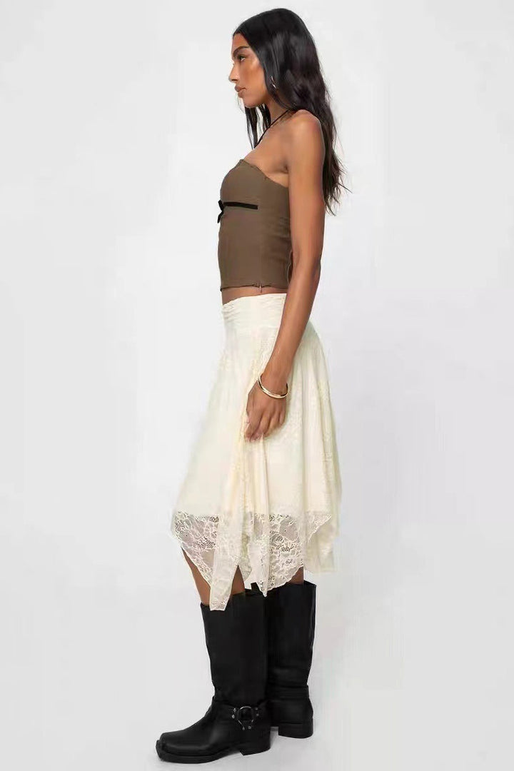 Emily & Isabella Brooks | Asymmetrical Hem Lace Detail Midi Skirt