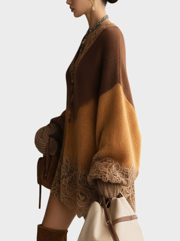 Emily & Isabella Brooks | Brown Ombre Knitted Lace Oversized Mini Dress with Long Sleeves
