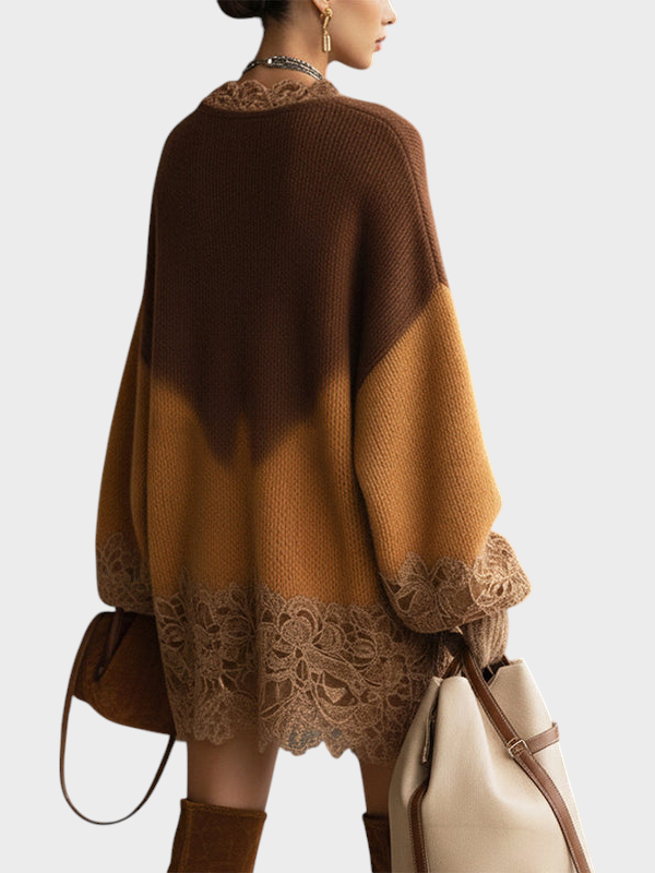 Emily & Isabella Brooks | Brown Ombre Knitted Lace Oversized Mini Dress with Long Sleeves