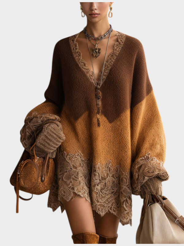 Emily & Isabella Brooks | Brown Ombre Knitted Lace Oversized Mini Dress with Long Sleeves