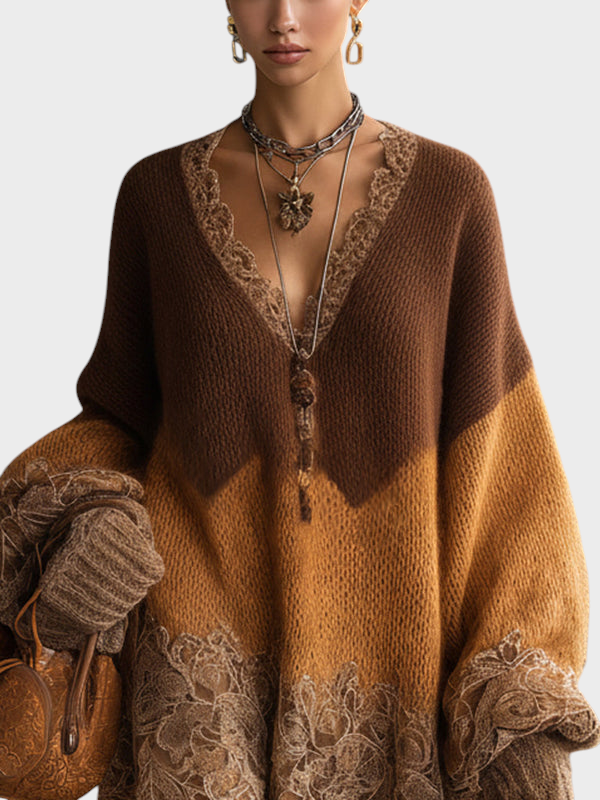 Emily & Isabella Brooks | Brown Ombre Knitted Lace Oversized Mini Dress with Long Sleeves