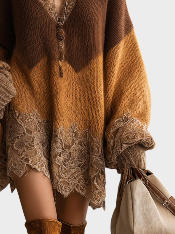 Emily & Isabella Brooks | Brown Ombre Knitted Lace Oversized Mini Dress with Long Sleeves