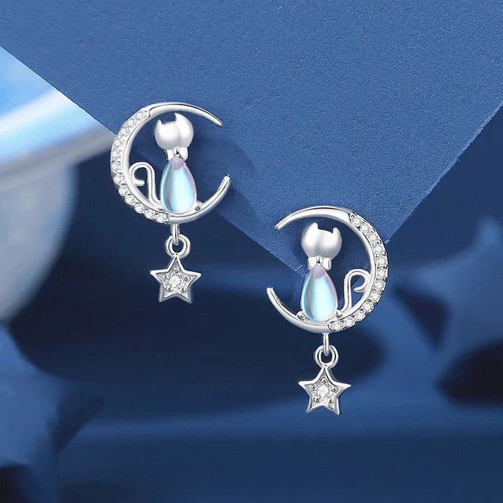Emily & Isabella Brooks | Sterling Silver Moon and Star Cat Earrings with Zircon