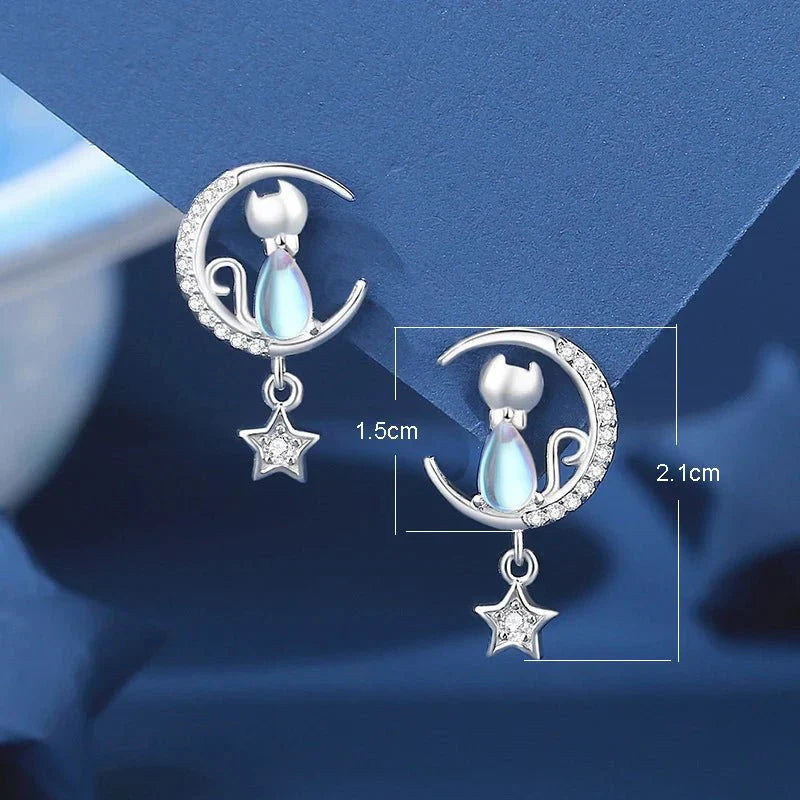 Emily & Isabella Brooks | Sterling Silver Moon and Star Cat Earrings with Zircon