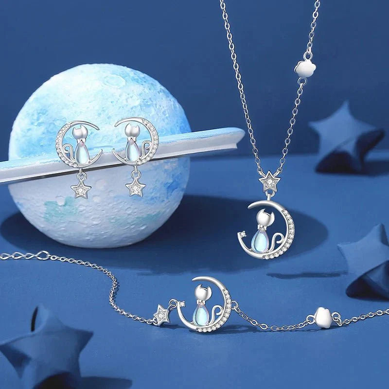 Emily & Isabella Brooks | Sterling Silver Moon and Star Cat Earrings with Zircon