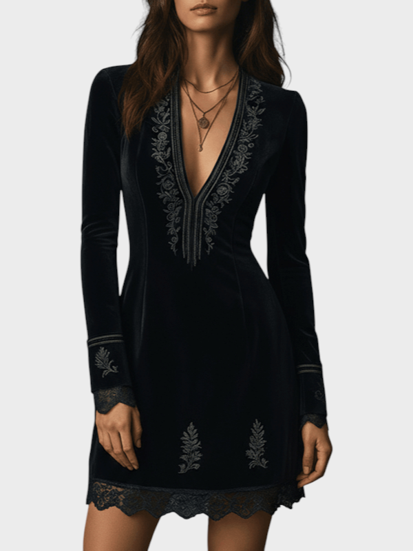 Emily & Isabella Brooks | Black Velvet Lace Embellished Mini Dress