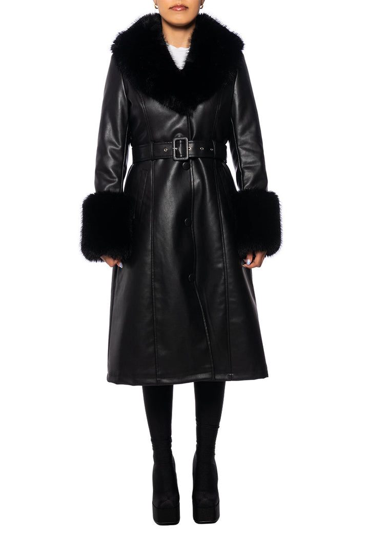 Emily & Isabella Brooks | Black Faux Fur Leather Trench Coat