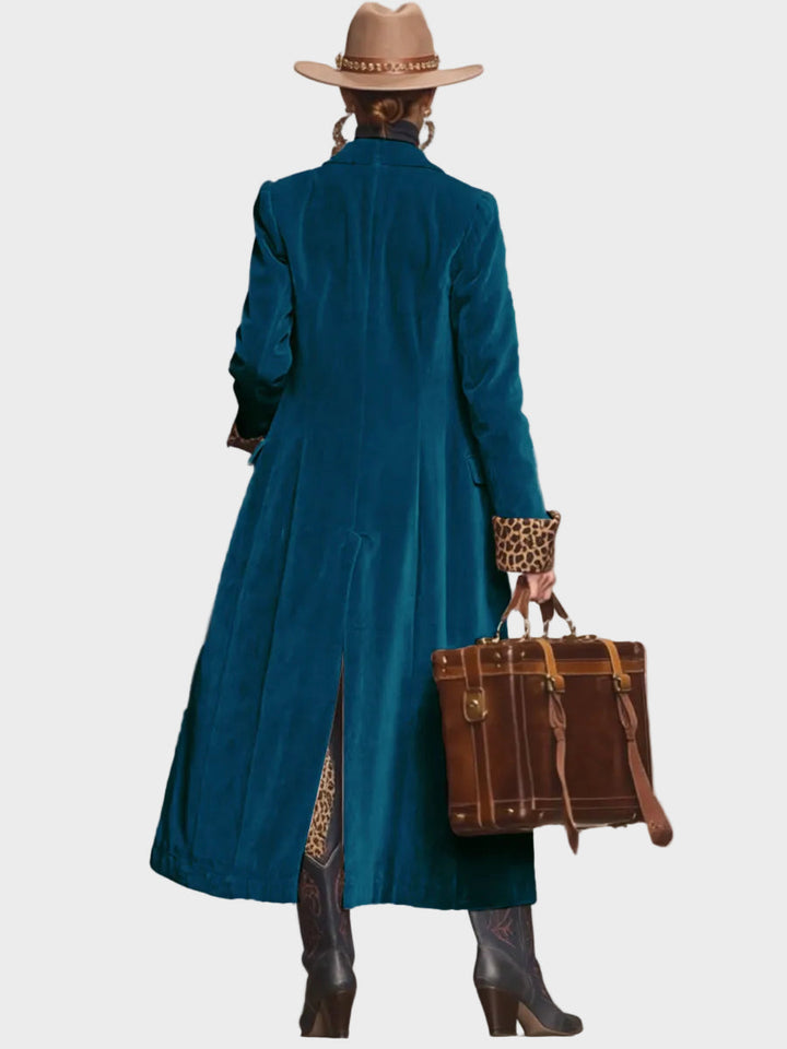 Emily & Isabella Brooks | Velvet Single-Breasted Coat with Lapel and Leopard Print