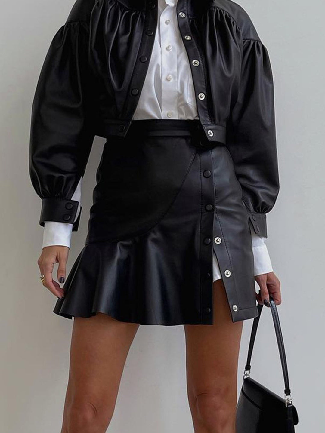 Emily & Isabella Brooks | Ruffle Button Clasp Leather Skirt