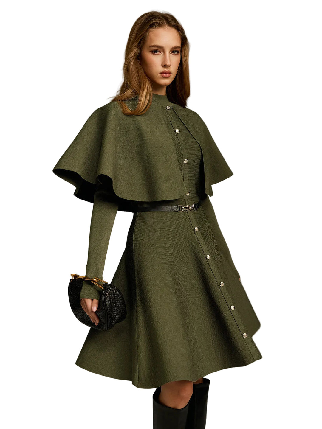 Emily & Isabella Brooks | Capelet-Style Button-Front Belted Midi Dress