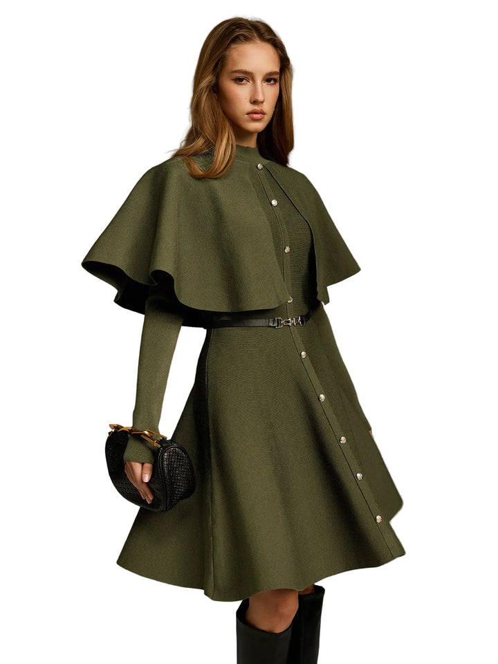 Emily & Isabella Brooks | Capelet-Style Button-Front Belted Midi Dress