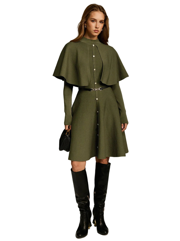 Emily & Isabella Brooks | Capelet-Style Button-Front Belted Midi Dress