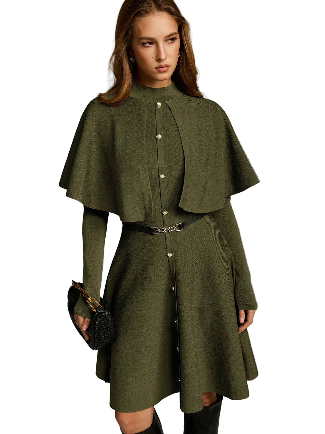Emily & Isabella Brooks | Capelet-Style Button-Front Belted Midi Dress