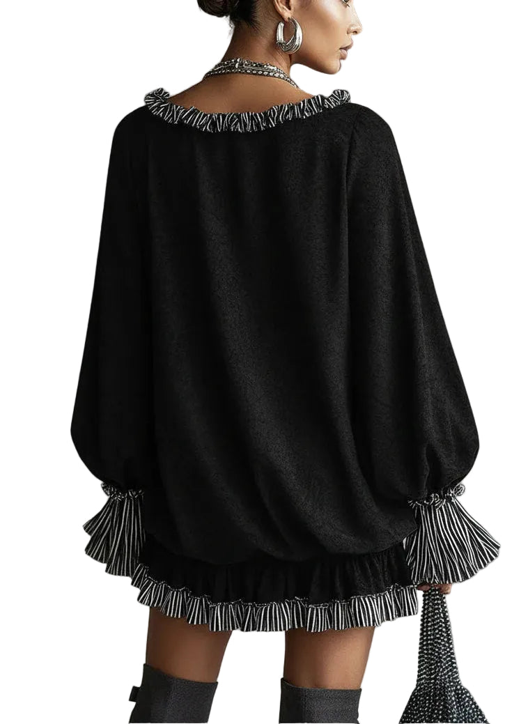Emily & Isabella Brooks | Black Faux Suede Striped Ruffled Loose Mini Dress