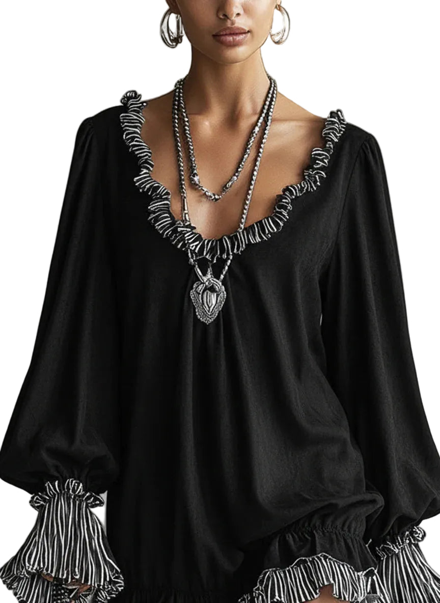Emily & Isabella Brooks | Black Faux Suede Striped Ruffled Loose Mini Dress