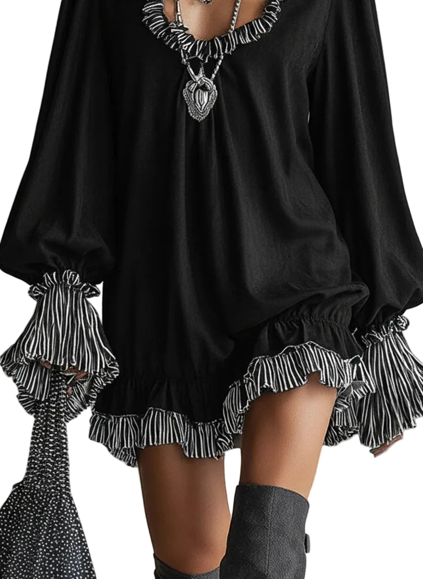 Emily & Isabella Brooks | Black Faux Suede Striped Ruffled Loose Mini Dress