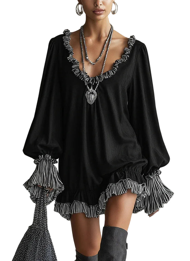 Emily & Isabella Brooks | Black Faux Suede Striped Ruffled Loose Mini Dress