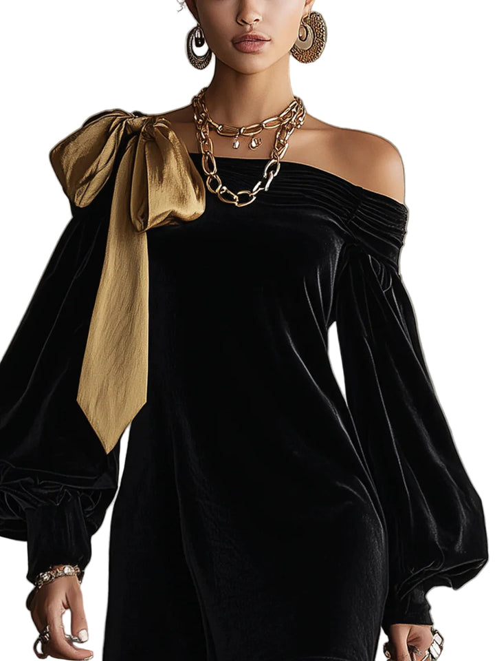 Emily & Isabella Brooks | Black Velvet and Gold Satin Patchwork Off the Shoulder Mini Dress