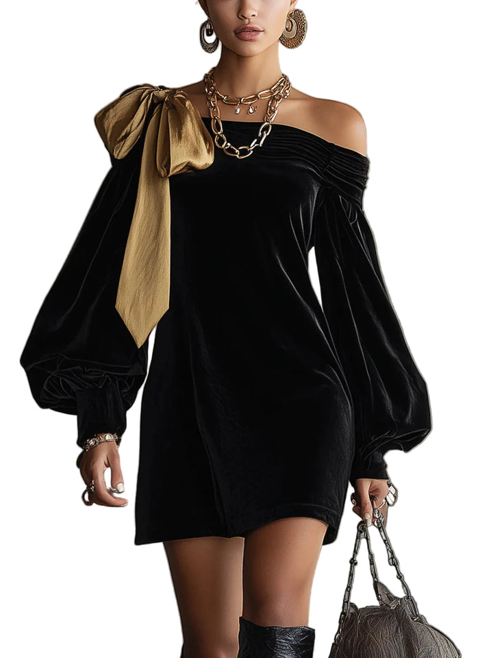 Emily & Isabella Brooks | Black Velvet and Gold Satin Patchwork Off the Shoulder Mini Dress
