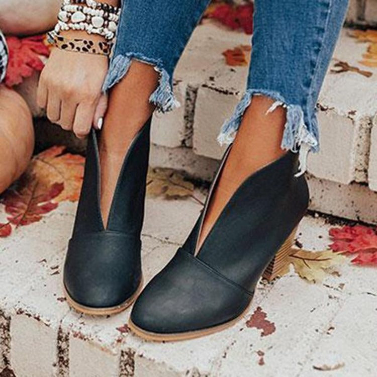 Emily & Isabella Brooks | Women's Ankle Boots - Almond Toe - Chunky Stacked Heel - Slip-On Casual Wear