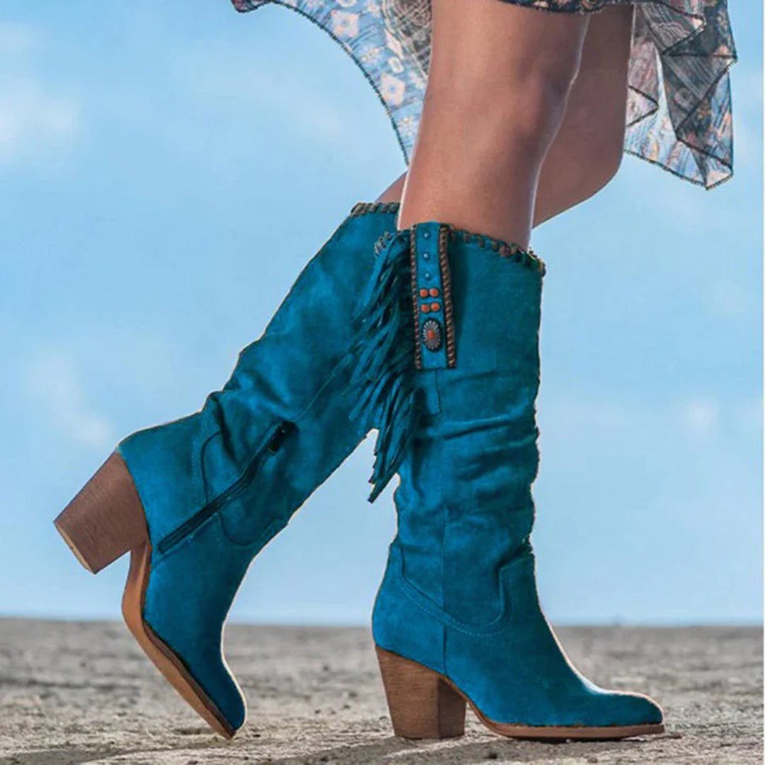 Emily & Isabella Brooks | Women's Knee-High Boots - Western Style - Fringe and Stud Details - Block Heel