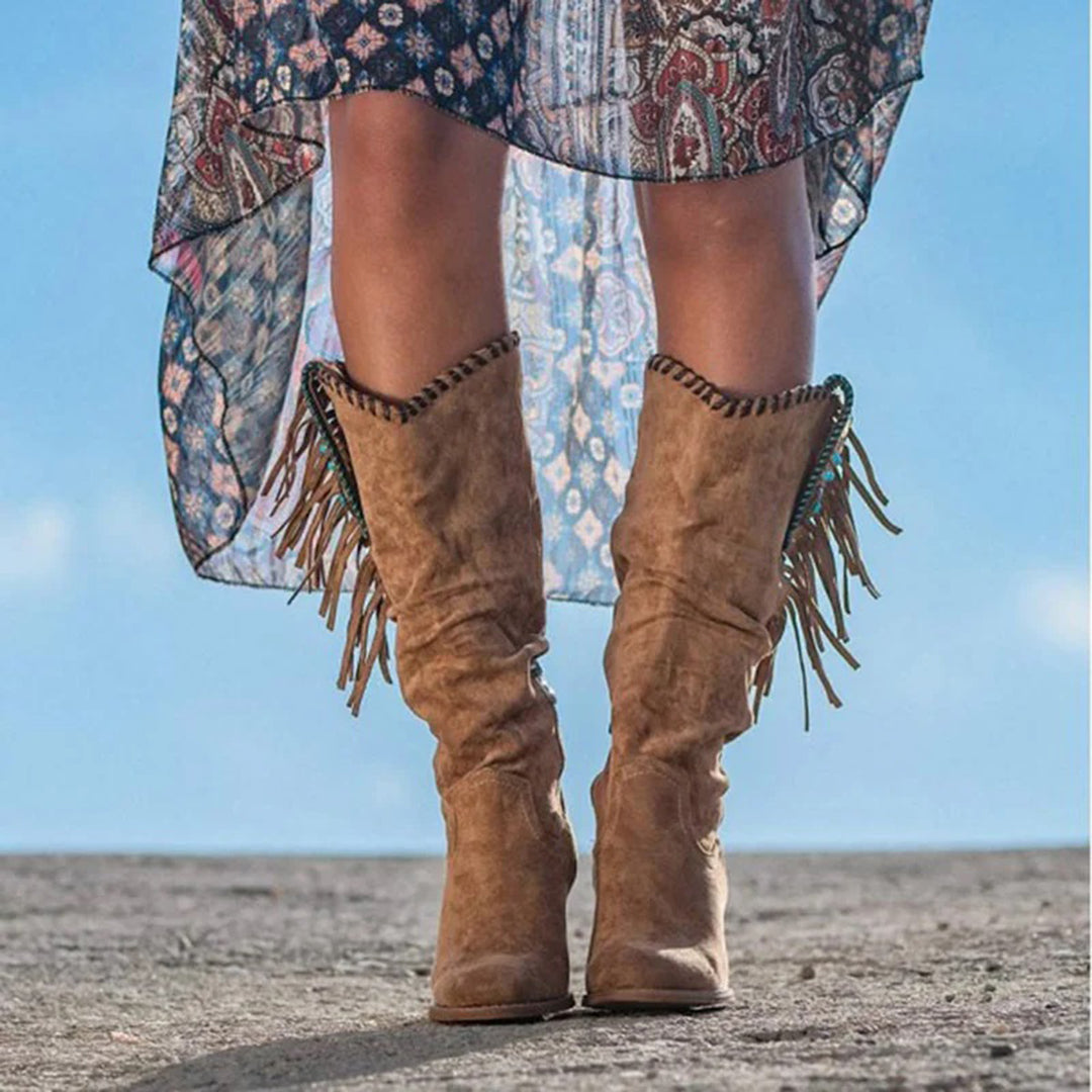 Emily & Isabella Brooks | Women's Knee-High Boots - Western Style - Fringe and Stud Details - Block Heel