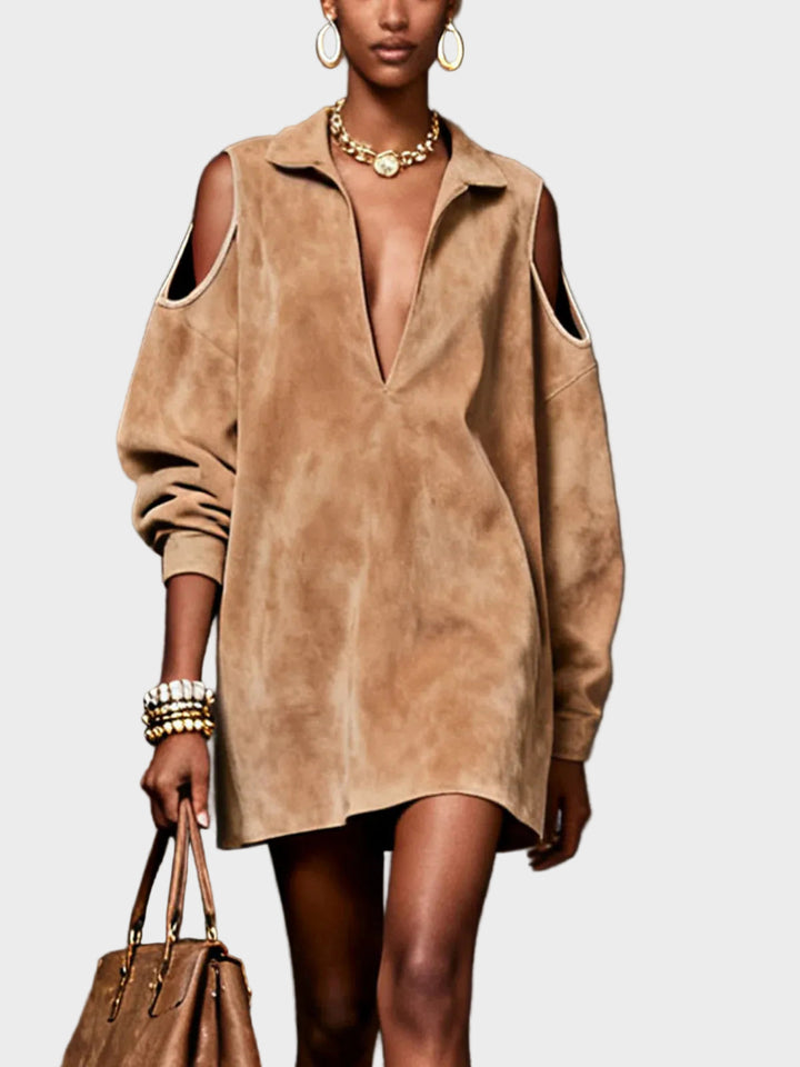 Emily & Isabella Brooks | Camel Faux Suede Cold-Shoulder Mini Dress