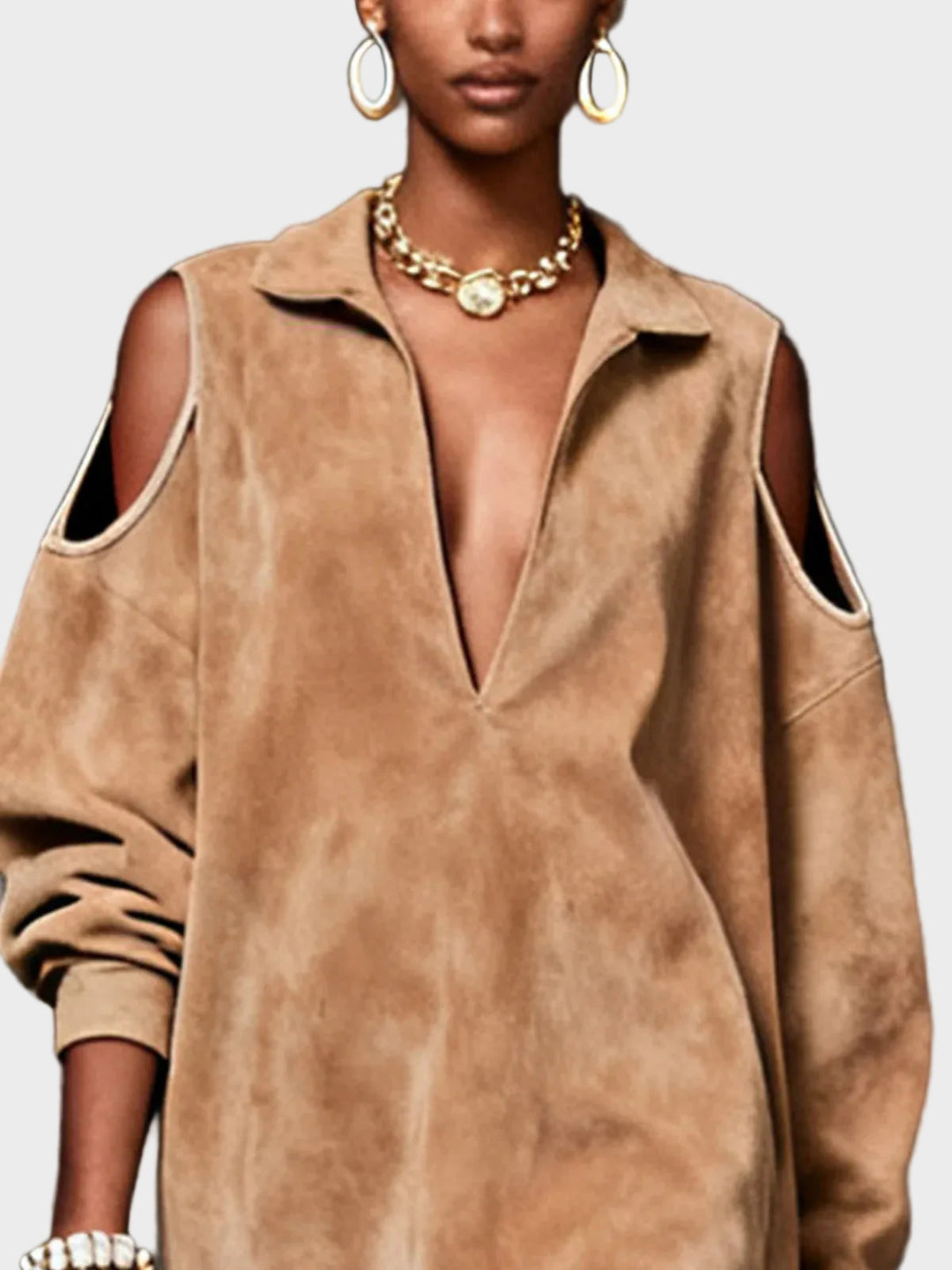 Emily & Isabella Brooks | Camel Faux Suede Cold-Shoulder Mini Dress