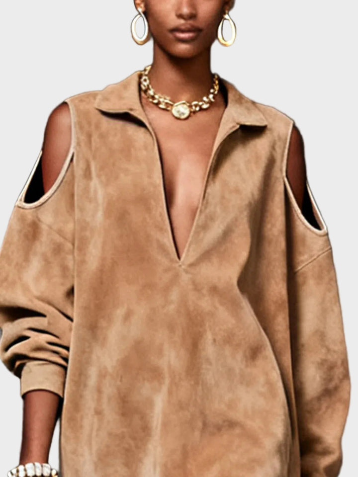 Emily & Isabella Brooks | Camel Faux Suede Cold-Shoulder Mini Dress