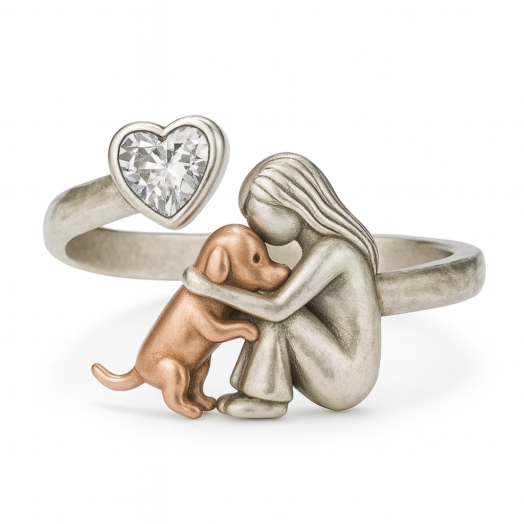 Emily & Isabella Brooks | Handcrafted Sterling Silver Dog Ring with Heart-Shaped Zirconia – Adjustable Fit