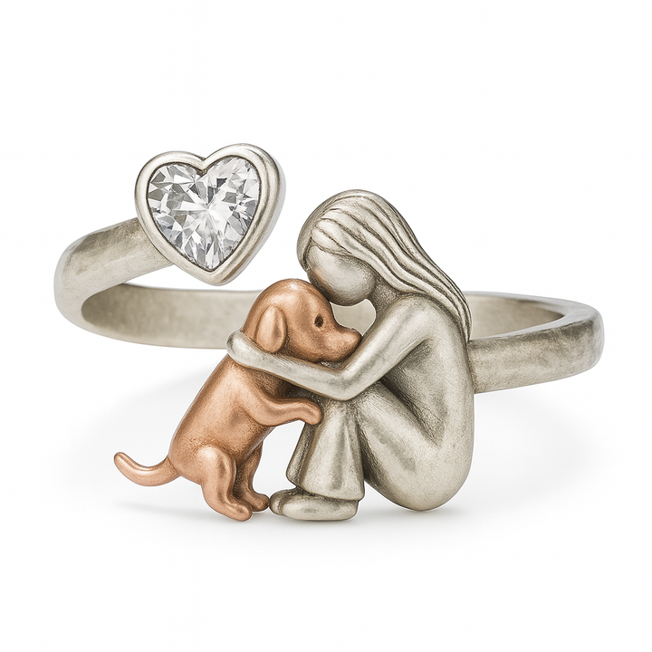 Emily & Isabella Brooks | Handcrafted Sterling Silver Dog Ring with Heart-Shaped Zirconia – Adjustable Fit