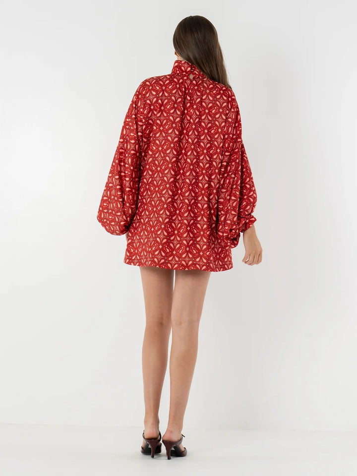 Emily & Isabella Brooks | Bohemian High Neck Lantern Sleeve Mini Dress