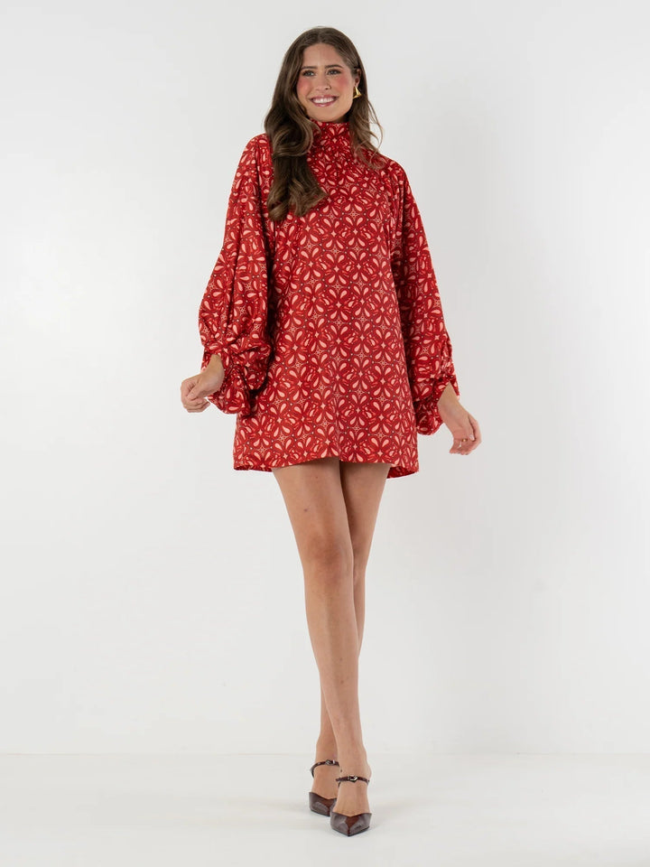 Emily & Isabella Brooks | Bohemian High Neck Lantern Sleeve Mini Dress