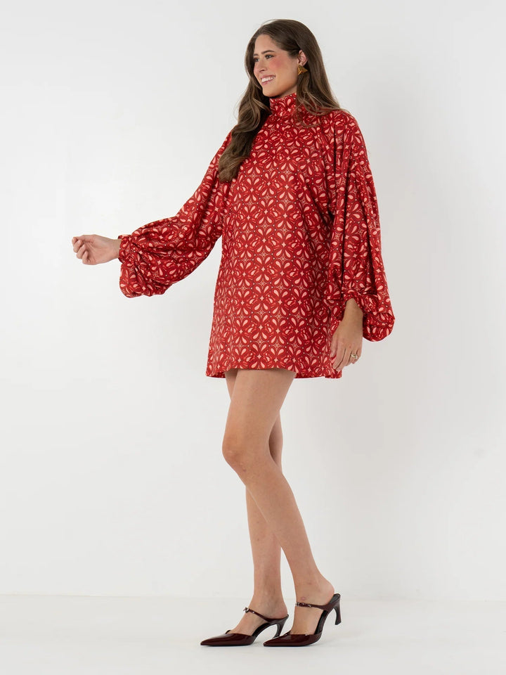 Emily & Isabella Brooks | Bohemian High Neck Lantern Sleeve Mini Dress