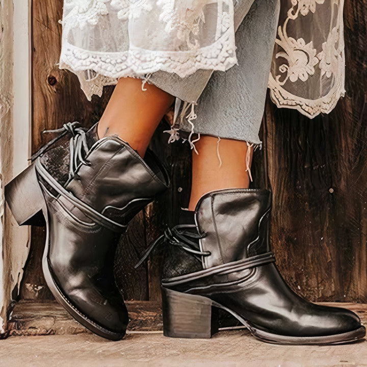 Emily & Isabella Brooks | Women's Leather Ankle Boots with Block Heel and Wrapped Lacing Detail
