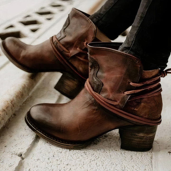 Emily & Isabella Brooks | Women's Leather Ankle Boots with Block Heel and Wrapped Lacing Detail