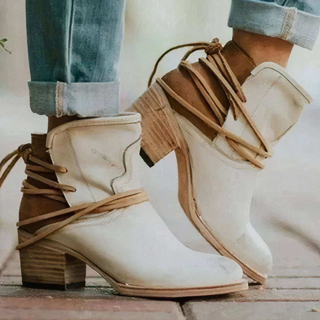 Emily & Isabella Brooks | Women's Leather Ankle Boots with Block Heel and Wrapped Lacing Detail