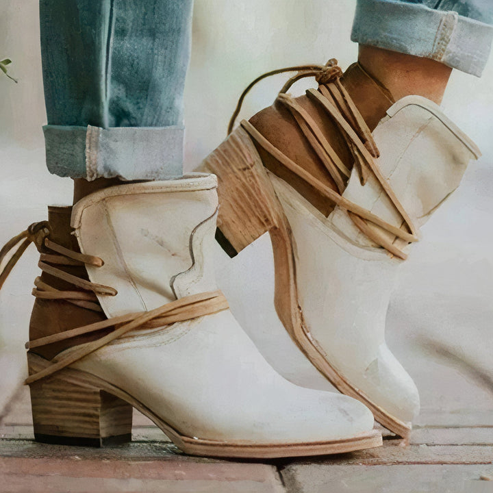 Emily & Isabella Brooks | Women's Leather Ankle Boots with Block Heel and Wrapped Lacing Detail